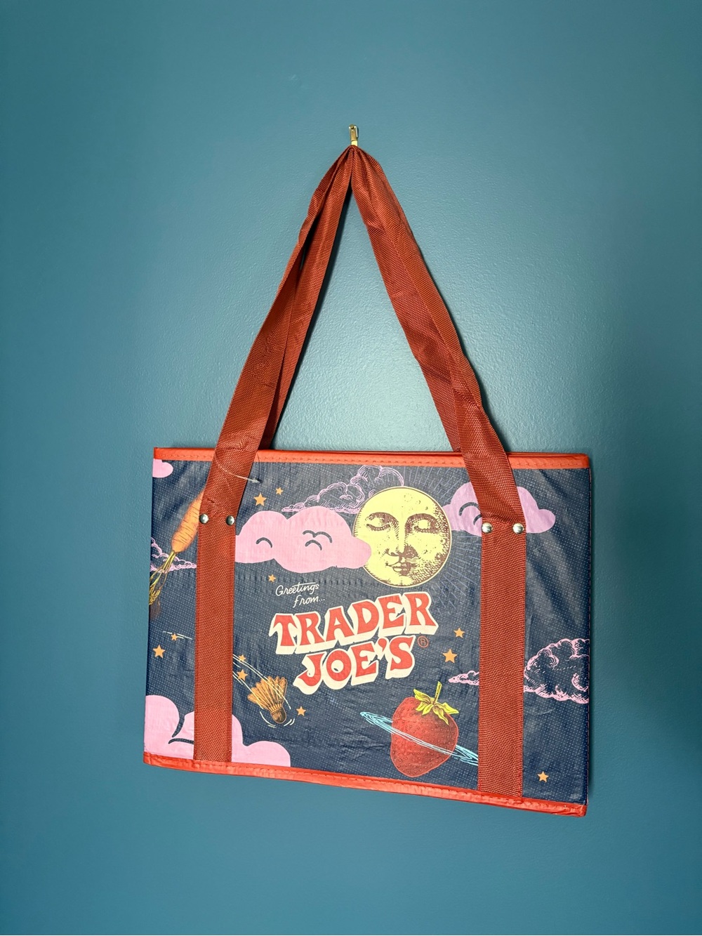 Trader Joe's Navy Blue and Red Stand-up Collapsible Graphic Tote Bag